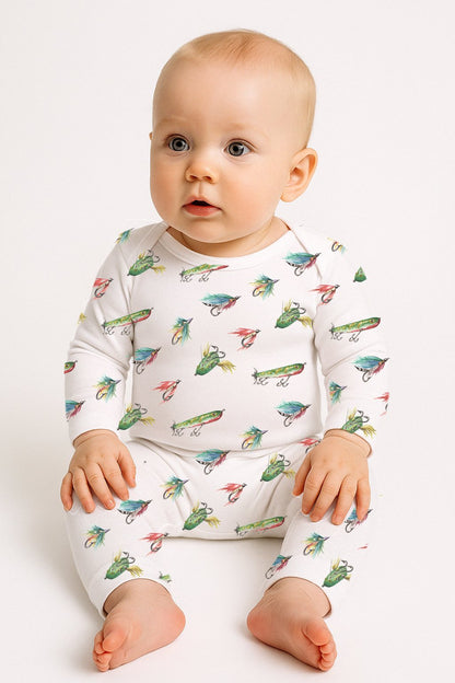 "Baby, Let's Fly Fish" Footless Long Sleeve Onesie