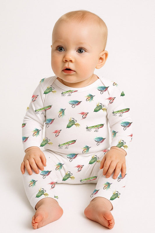 "Baby, Let's Fly Fish" Footless Long Sleeve Onesie
